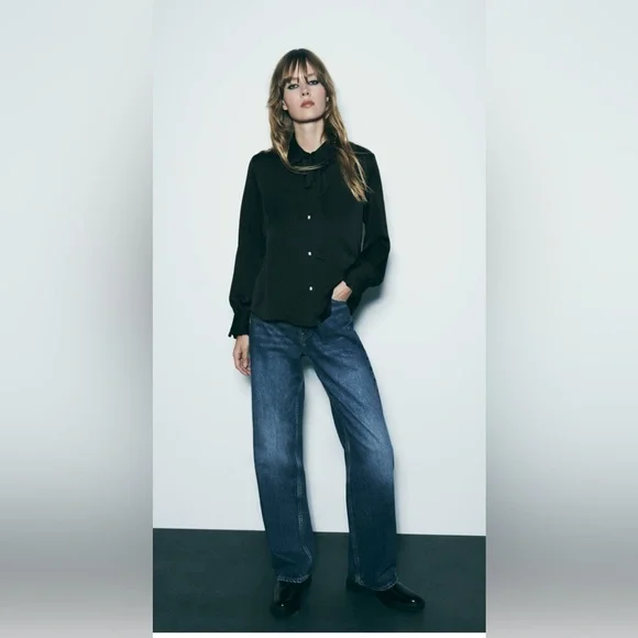 ZARA black satin effect tie collar shirt size medium - Picture 3 of 13